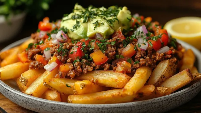 Beladene Pommes mit Gemüse und Hackfleisch