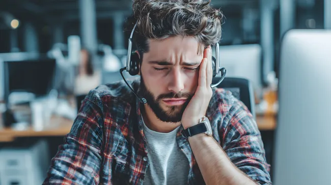 Belasteter Call-Center-Mitarbeiter mit Headset im Büro