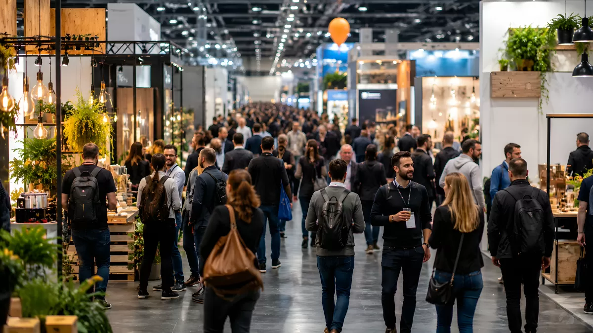 Belebte Messehalle mit Besuchern und modernen Ausstellungsständen