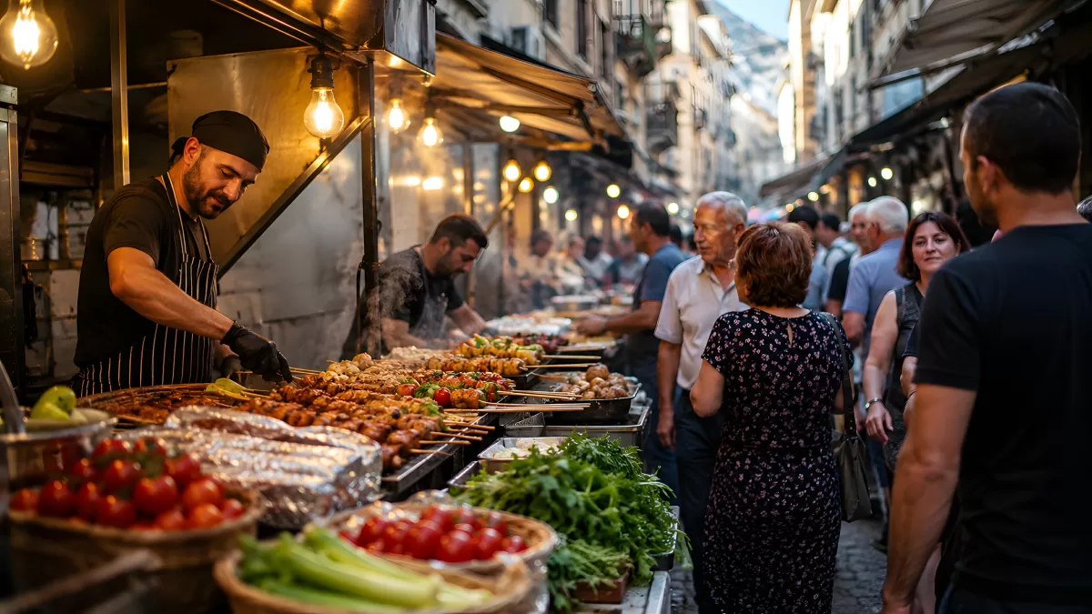 Belebter Straßenmarkt mit Grillspießen und frischem Gemüse