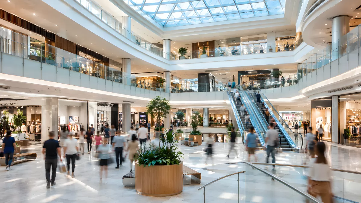 Belebtes Einkaufszentrum mit Glasdach und Rolltreppen