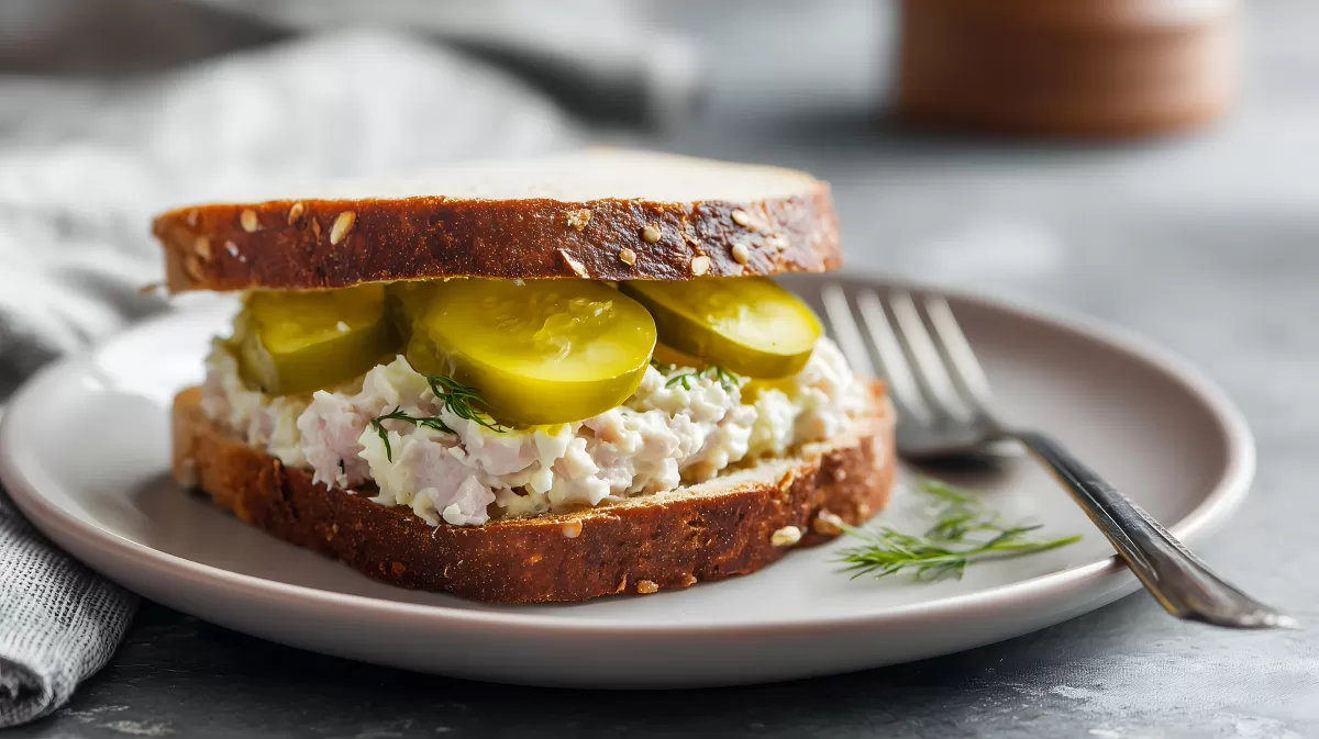Belegte Vollkorntoast mit Thunfisch-Salat und Gewürzgurken
