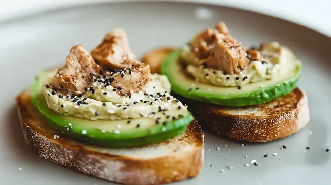 Belegter Avocado-Toast mit Hühnchen und Sesam