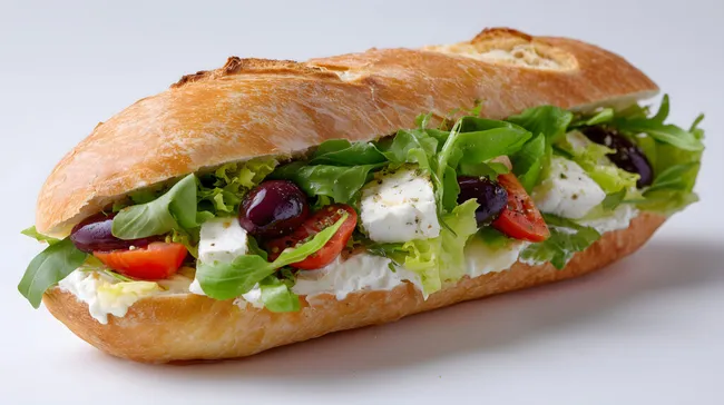 Belegtes Baguette mit Feta, Tomaten und Oliven