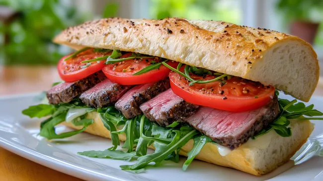 Belegtes Baguette mit zartem Steak und frischem Gemüse