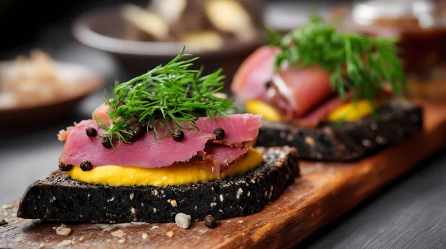 Belegtes Schwarzbrot mit Pastrami und Dill