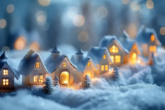 Beleuchtete Häuschen in verschneiter Winterlandschaft