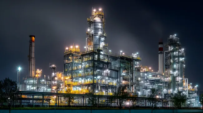 Beleuchtete Industrieanlage bei Nacht