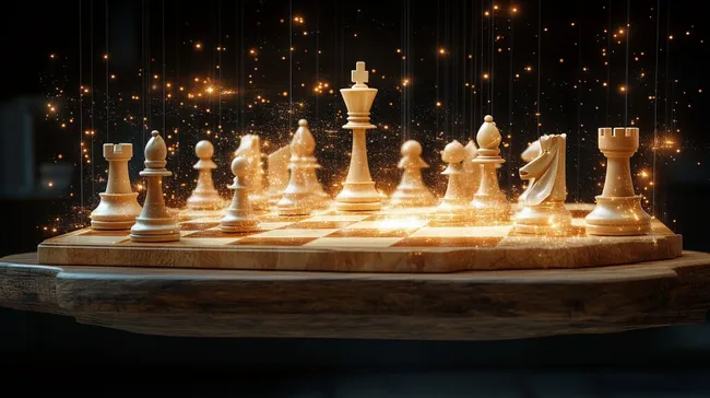 Beleuchtete Schachfiguren auf Holzbrett mit Funkeln