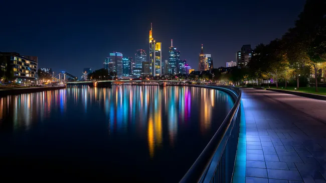 Beleuchtete Skyline von Frankfurt am Main bei Nacht