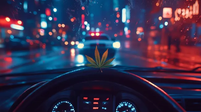 Beleuchtete Stadtstraße mit Cannabisblatt