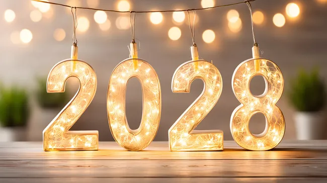 Beleuchtete Zahlendekorationen für das neue Jahr 2028