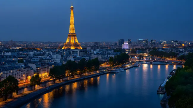 Beleuchteter Eiffelturm und Seine in Paris bei Nacht