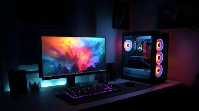 Beleuchteter Gaming-Arbeitsplatz im dunklen Raum