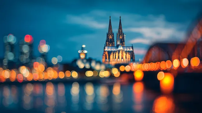 Beleuchteter Kölner Dom am Rheinufer in der Blauen Stunde