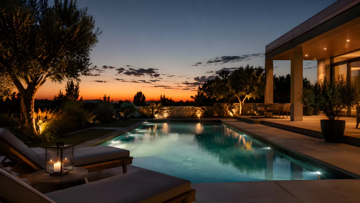 Beleuchteter Pool im Abenddämmerung eines Luxusanwesens
