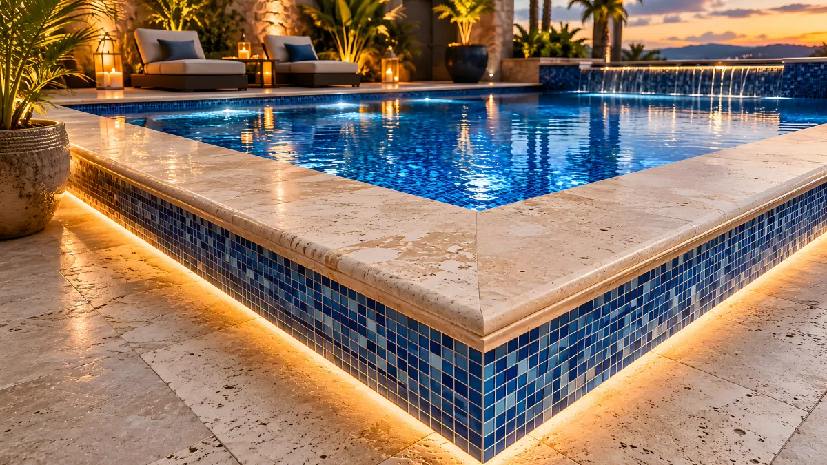Beleuchteter Pool mit Mosaikfliesen bei Sonnenuntergang