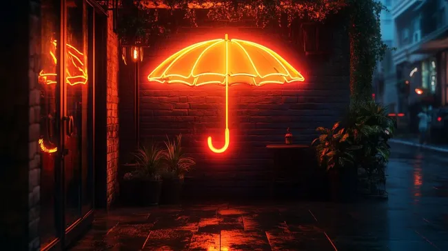 Beleuchteter Regenschirm in neonroter Atmosphäre