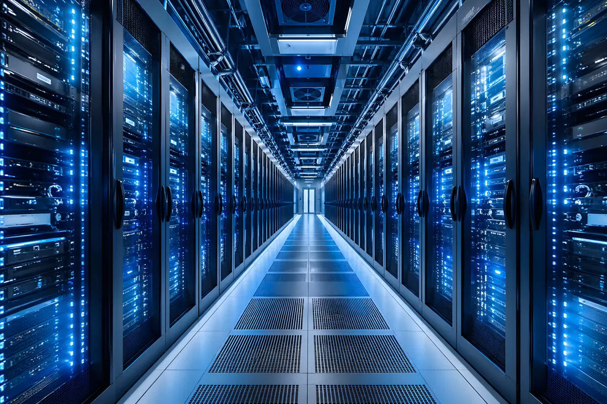 Beleuchteter Serverraum-Gang mit blauen LED-Lichtern