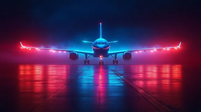 Beleuchtetes Flugzeug auf nächtlicher Landebahn mit Spiegelungen