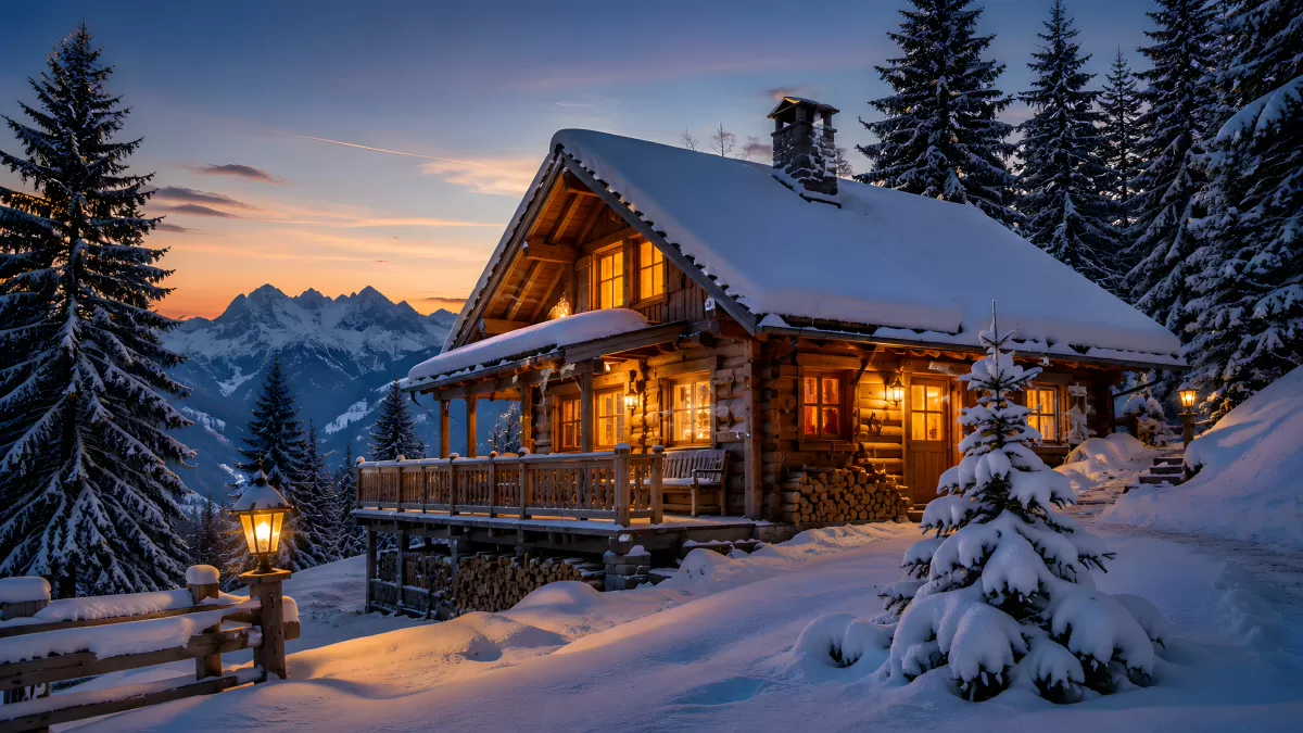 Beleuchtetes Holzchalet im Schnee bei Abenddämmerung