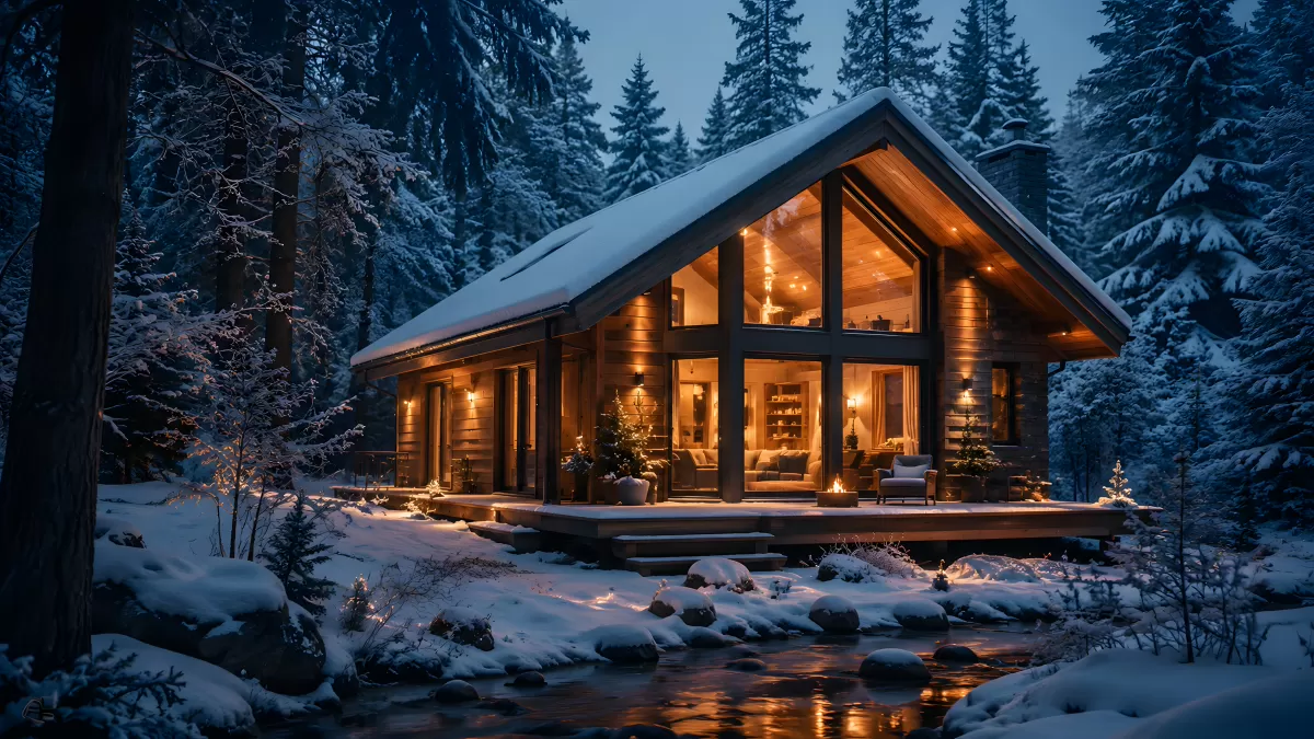 Beleuchtetes Holzhaus im verschneiten Winterwald bei Nacht