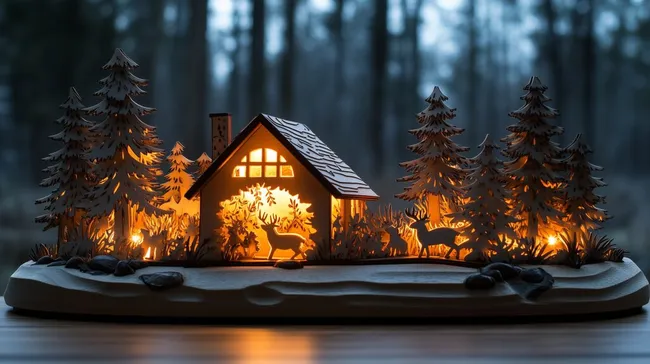 Beleuchtetes Holzhaus in Winterlandschaft mit Rehen