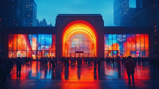 Beleuchtetes Museum bei Nacht mit Menschenmenge