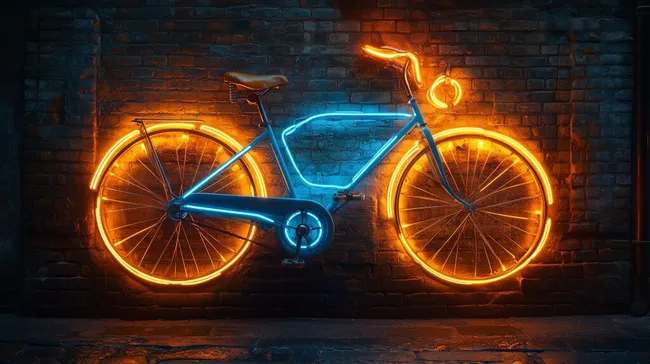 Beleuchtetes Neonrad an Backsteinwand in Nacht