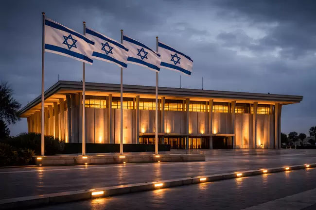 Beleuchtetes Parlamentsgebäude in Israel mit wehenden Flaggen