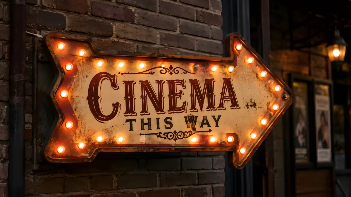 Beleuchtetes Retro-Pfeilschild mit Aufschrift Cinema