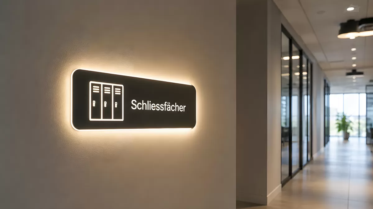 Beleuchtetes Schild für Schließfächer im Büroflur