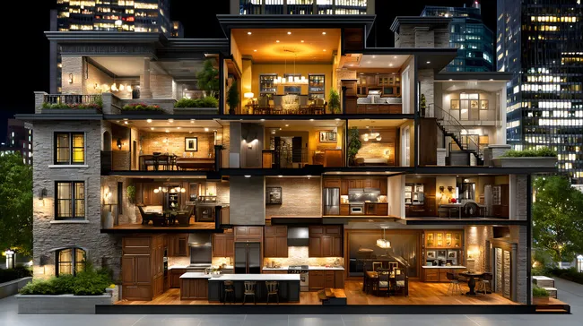 Beleuchtetes Stadthaus mit offenen Grundrissen bei Nacht