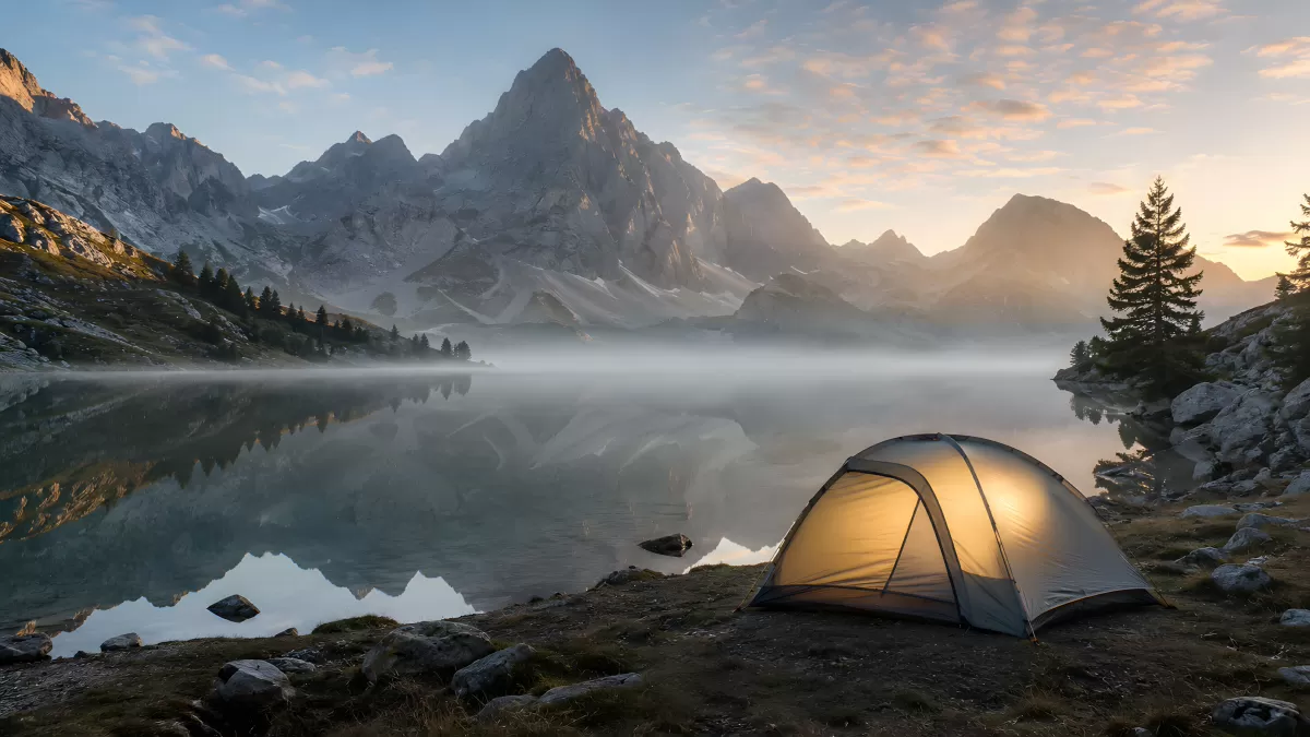 Beleuchtetes Zelt an einem Bergsee im Morgennebel