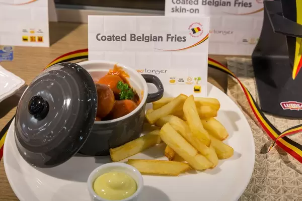 Belgische Pommes neben einer kleinen Auflaufform und Majonaise