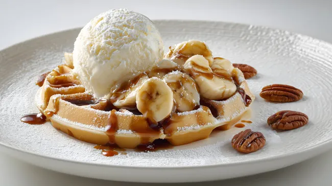 Belgische Waffel mit Eis, Bananen und Karamell