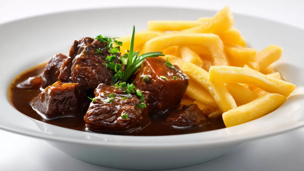 Belgisches Rindergulasch mit Pommes in weißer Schale