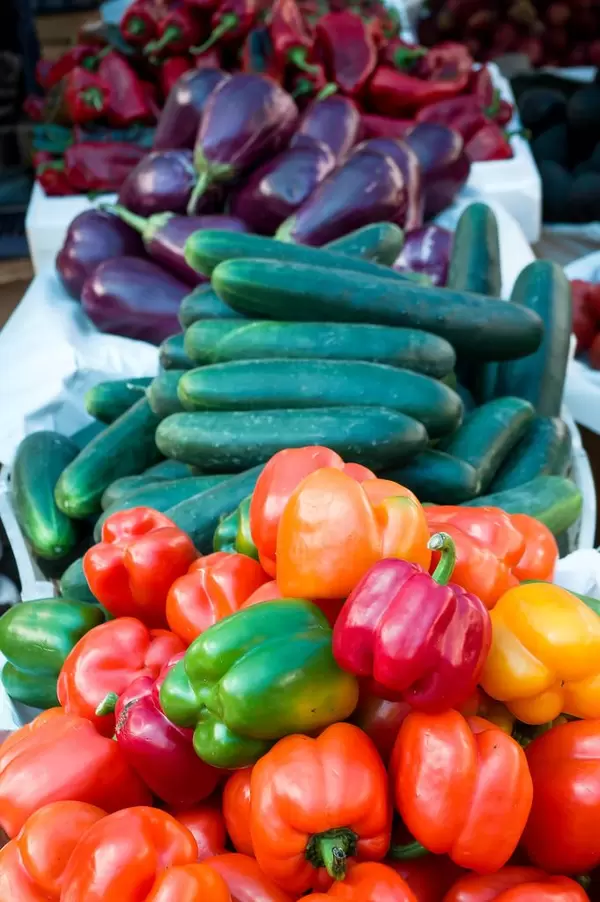 Bell peppers, cucumbers, and egg plants