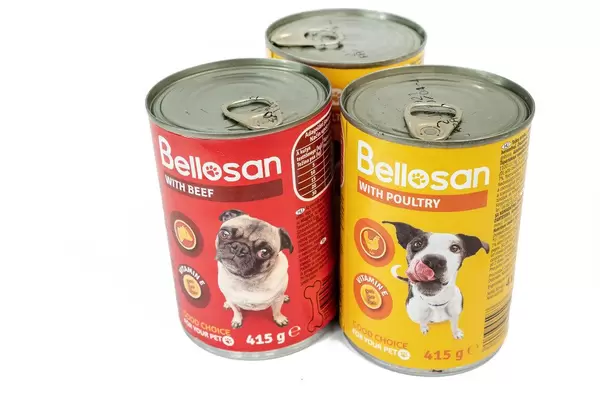 Bellosan Dog Food cans isolated above white background