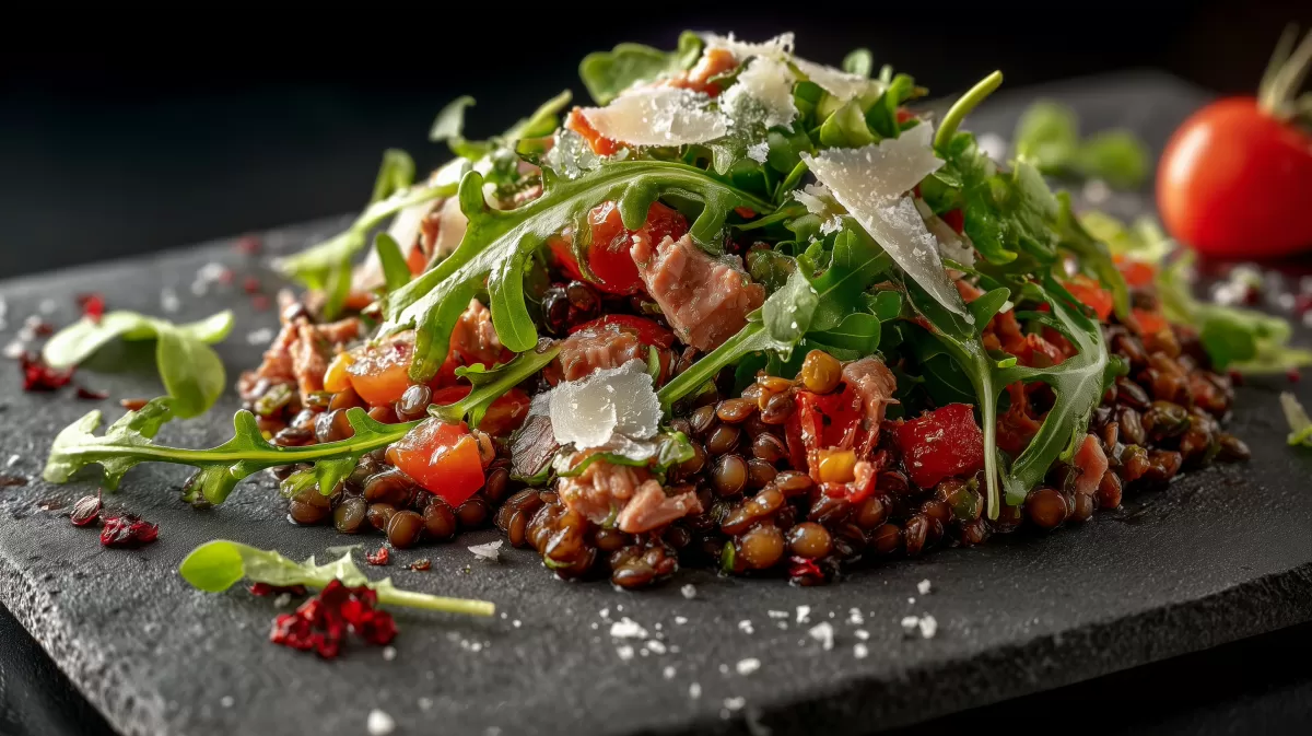 Beluga Linsensalat mit Thunfisch auf Schieferplatte