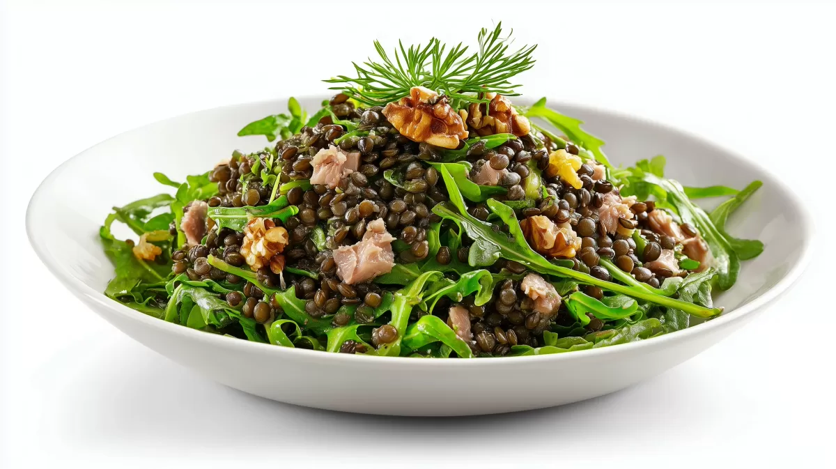 Beluga Linsensalat mit Thunfisch und Rucola