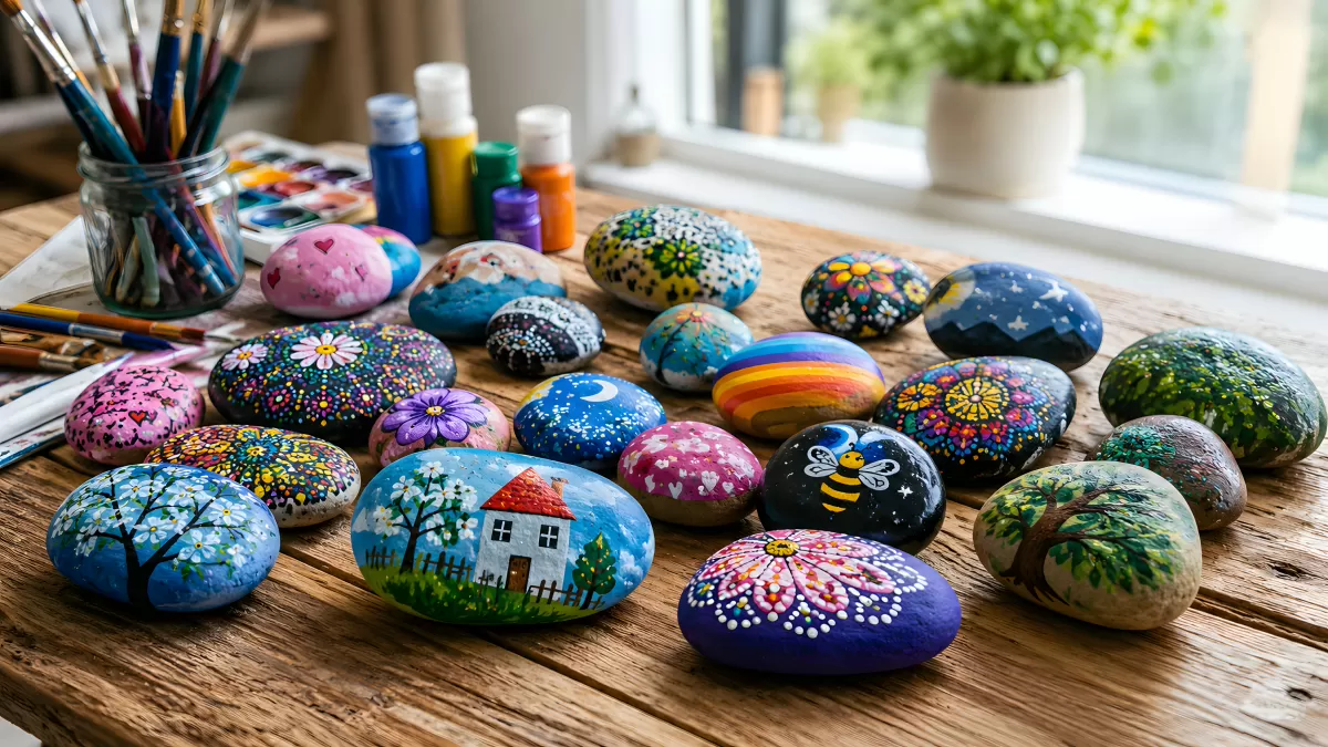 Bemalte Steine mit bunten Motiven auf Holztisch