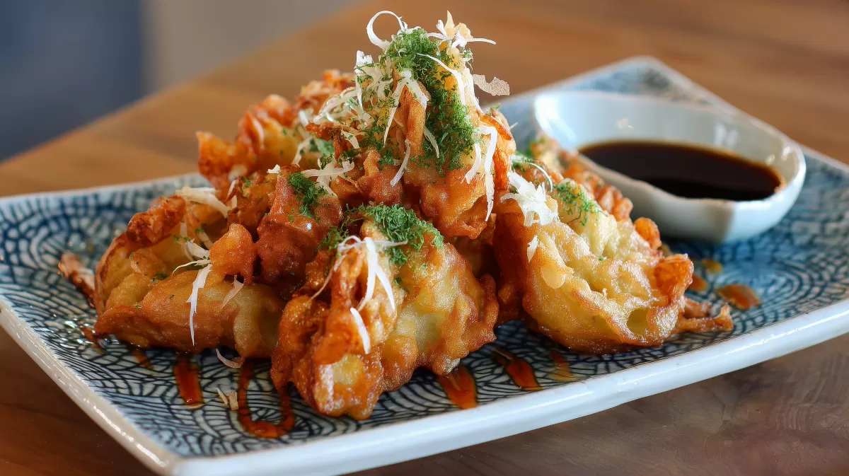 Beni Shoga Tempura mit Dipsauce auf Keramikteller