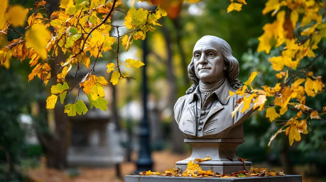 Benjamin Franklins Denkmal in herbstlicher Laubkulisse