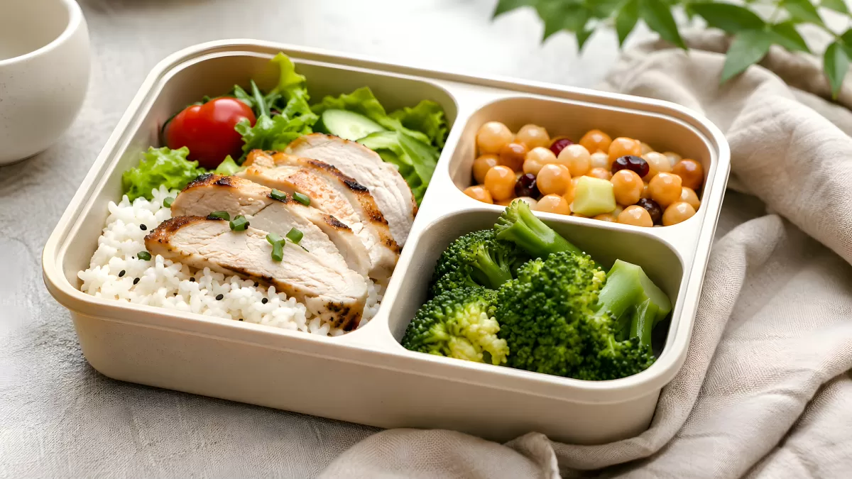 Bento-Box mit gegrilltem Hähnchen, Reis und Brokkoli