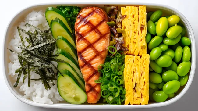 Bento-Box mit gegrilltem Lachs, Reis, Tamagoyaki und Edamame
