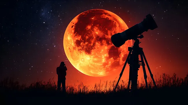 Beobachtung des Blutmondes durch Silhouette mit Teleskop