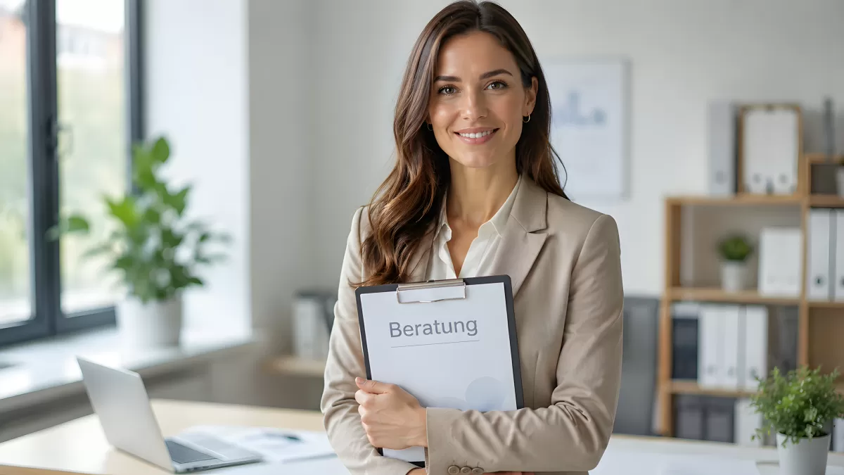 Beraterin im Büro hält Klemmbrett mit Beratung-Schild