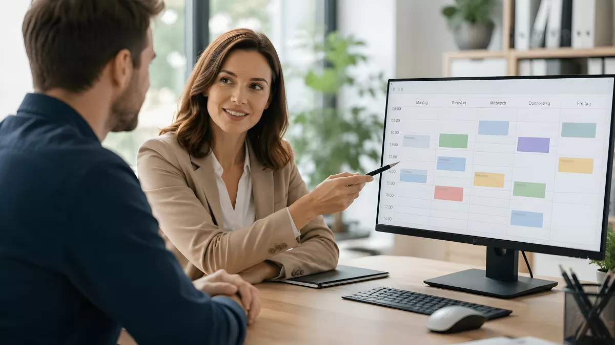 Beratungsgespräch mit Wochenkalender auf Monitor