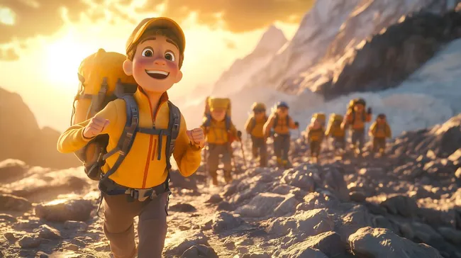 Bergführer leitet Gruppe bei Sonnenuntergang